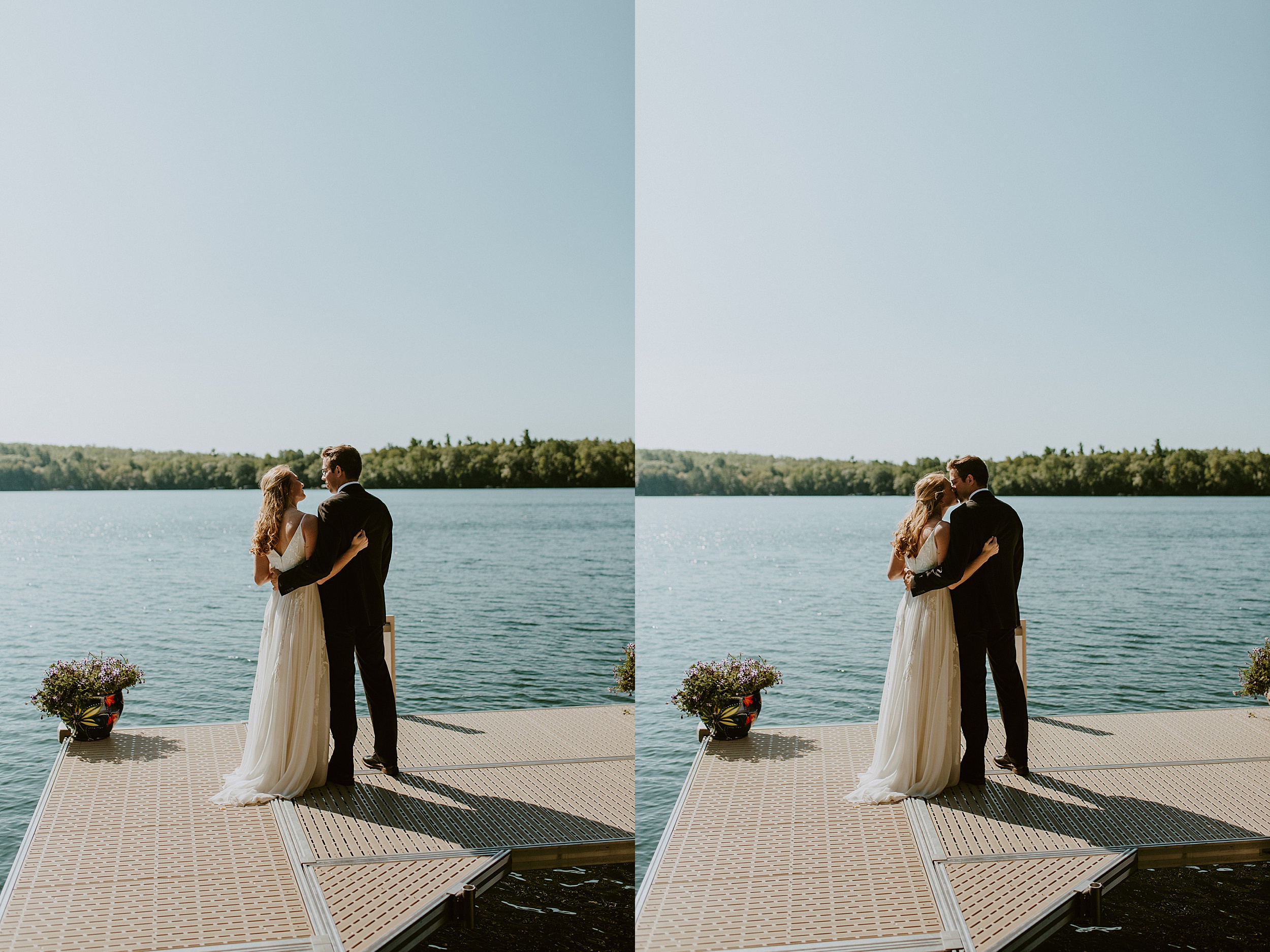 bride and groom standing over water 